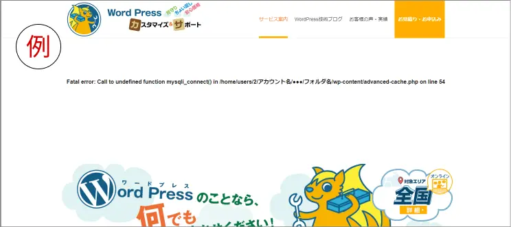 エラー表示の例。通常のサイトの上部に、エラー文が表示されている。