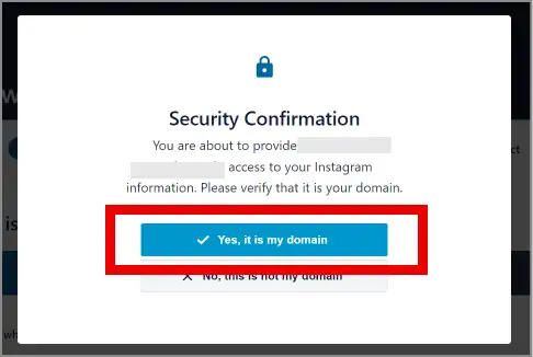 Security Confirmationという画面が開き、Yes, its my domainとNo, this is not my domain のボタンがある。