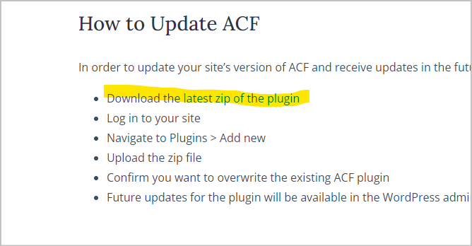 ACF公式サイトのスクリーンショット。Download the latest zip of the pluginの、「latest zip of the plugin」部分がリンクになっている。
