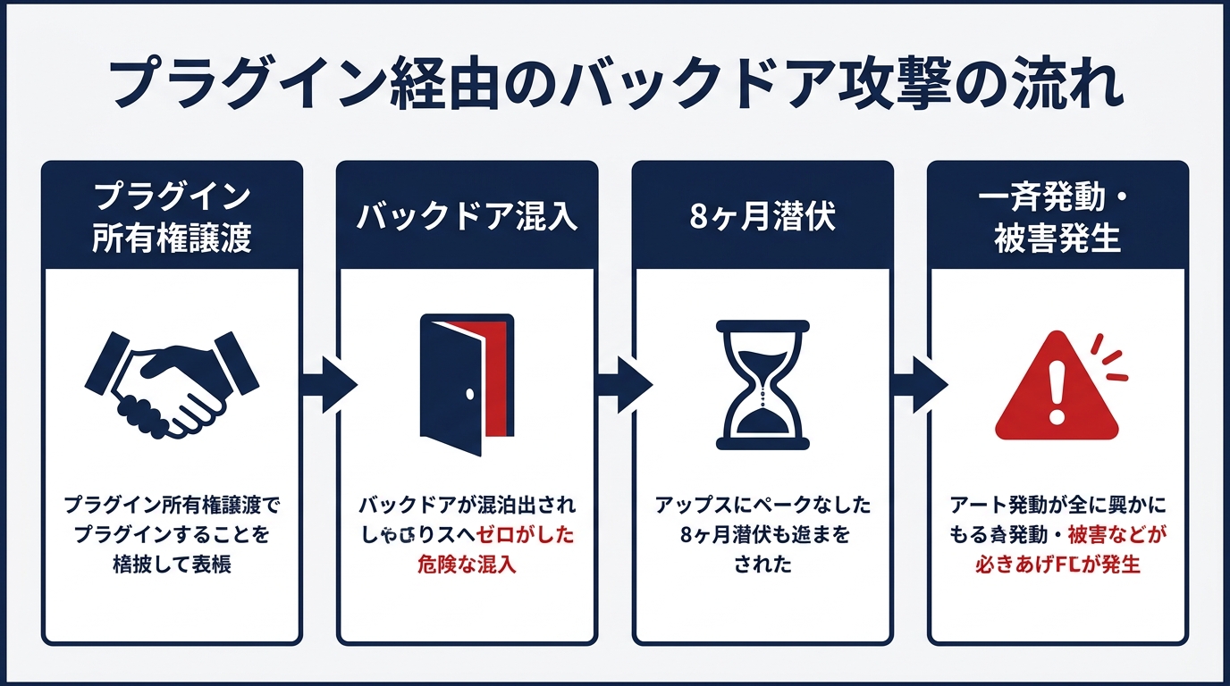 プラグイン経由のバックドア攻撃の流れ