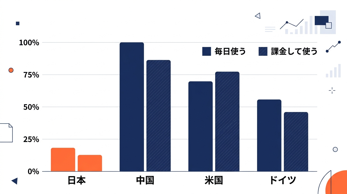 日本と中国・米国・ドイツの生成AI利用率を比較した棒グラフ。日本は毎日利用・有料利用で大きく遅れている