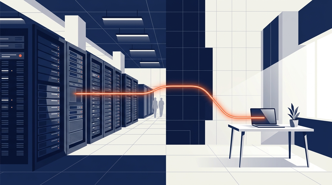 大企業の巨大なサーバールームと中小企業の小さなノートPCが一本のオレンジの光でつながっているイラスト