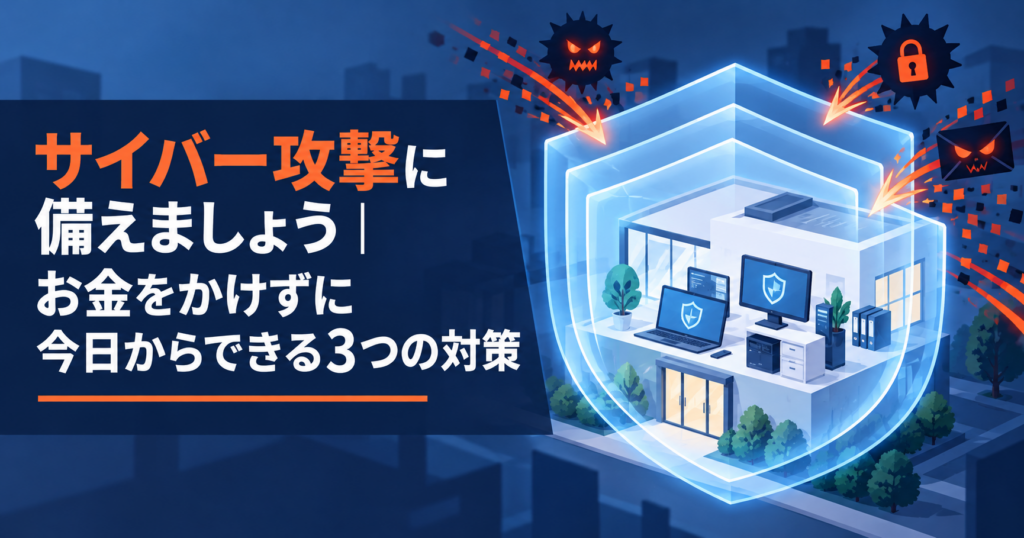 サイバー攻撃に備える中小企業を三層の盾で表した図