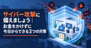 サイバー攻撃に備える中小企業を三層の盾で表した図